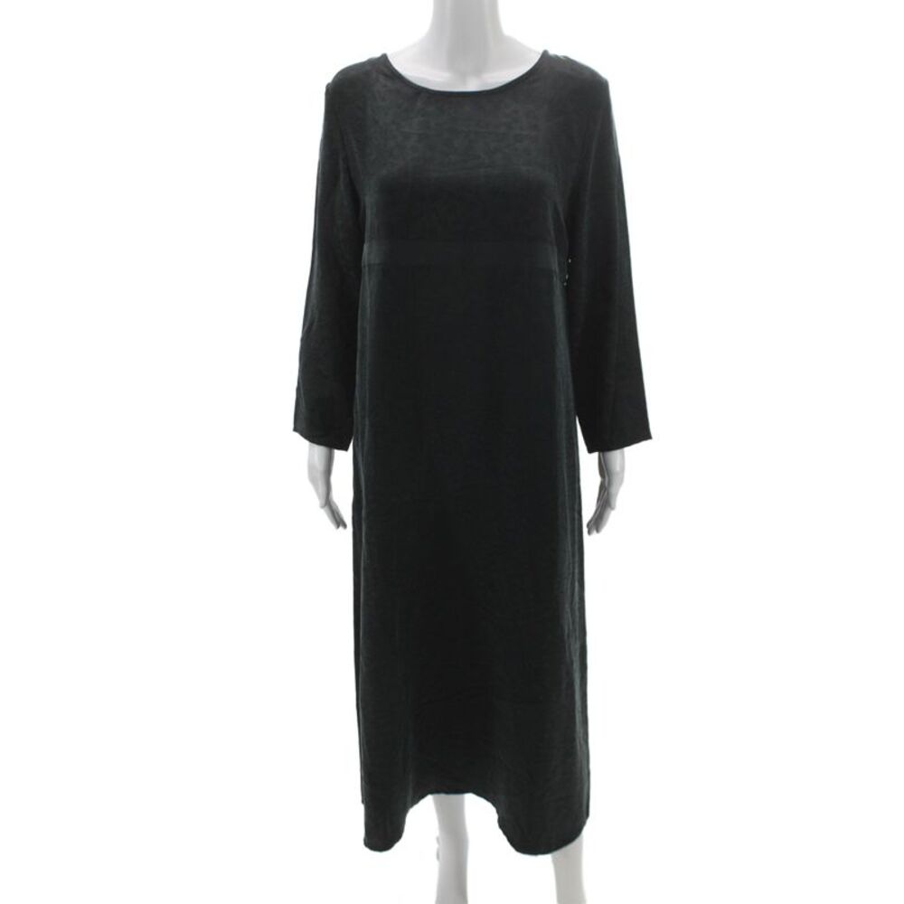 Eileen Fisher Women Maxi Silk Dress Long Sleeve Round Neck Black Size PM